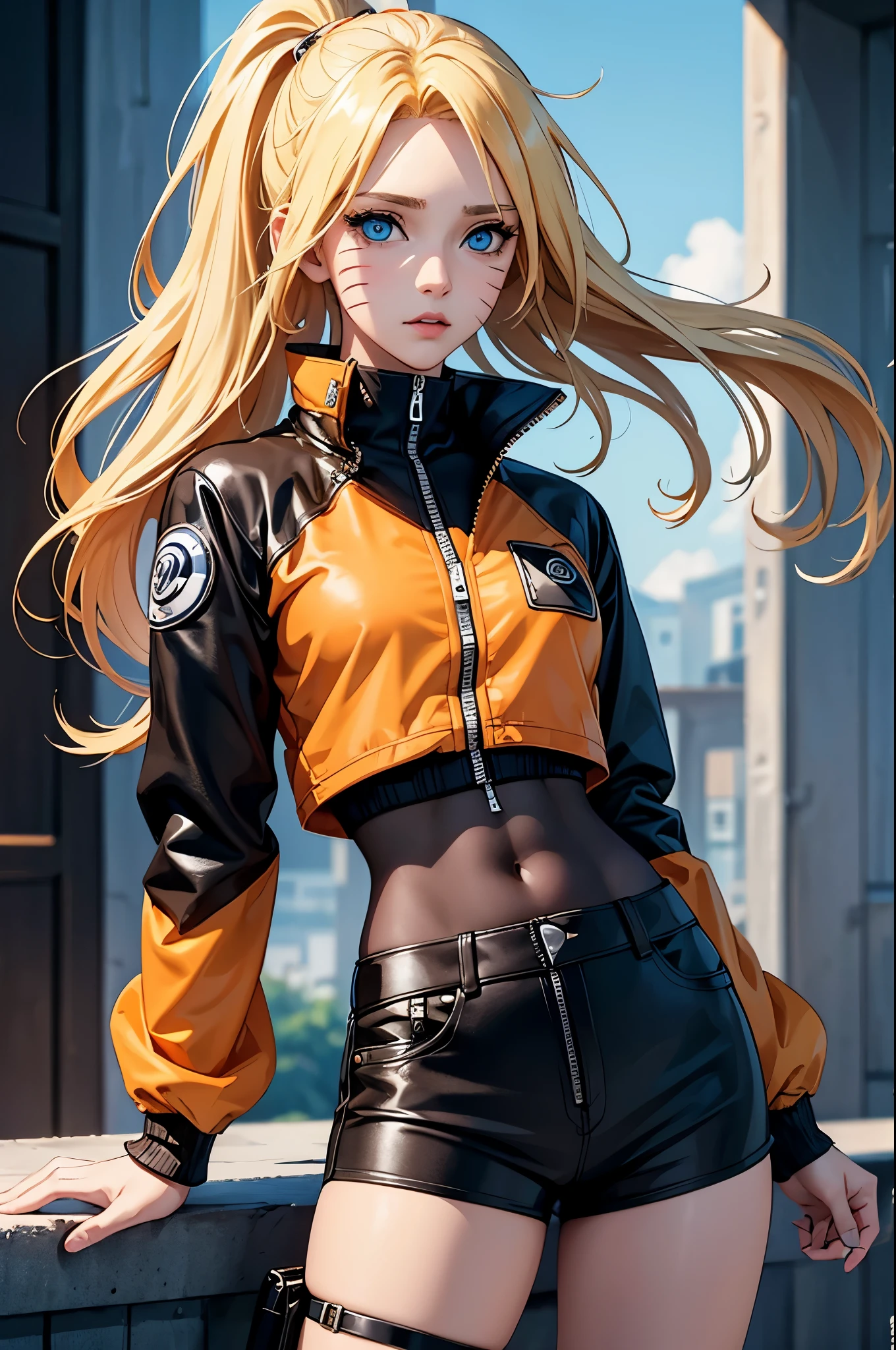 (masterpiece, best quality:1.2), expressive eyes, perfect face, highres, 1girl, solo, (female:1.5), NarukoUzumaki, blue eyes, blonde hair, long hair, facial mark, whisker markings, short hair, long sleeves, jacket, opened jacket, (naruto outfit), midriff, orange-black jacket, meshes, pants, black pants, standing, upper body, looking at the viewer