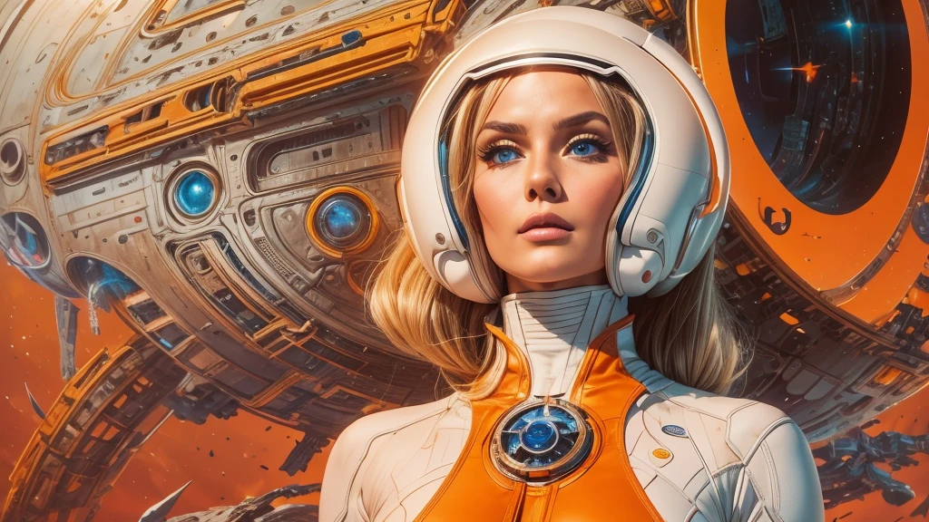 arafed image of a white woman in a futuristic suit with a spaceship in the background, movie art, in front of an orange background, inspired by Robert McGinnis, female protagonist, megastructure in the background, portrait of an ai astronaut, astronauts, an astronaut, portrait of a astronaut skeletor, perfect android girl, detailed eyes, frank franzzeta and sakimichan