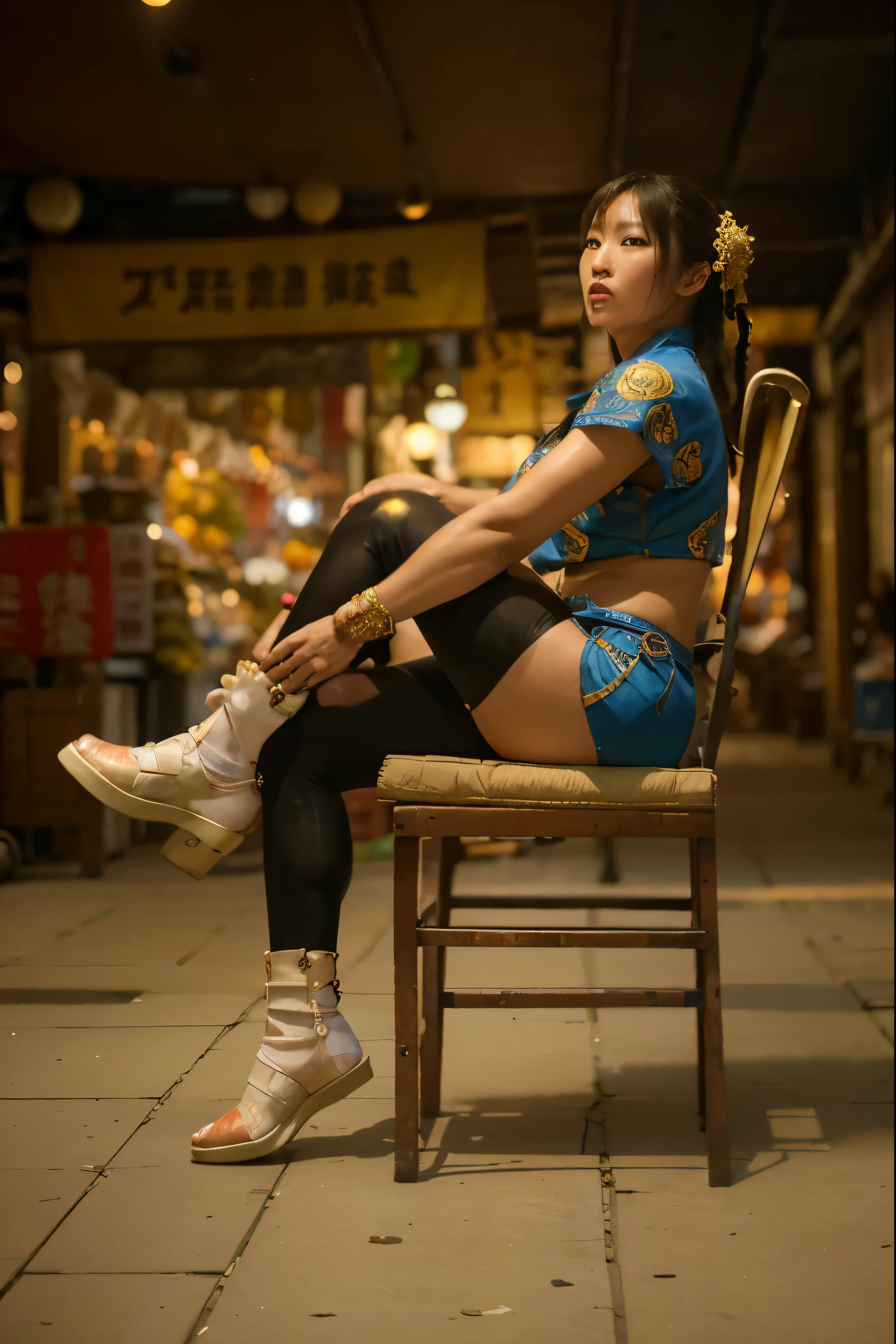(Best quality, 8k, 32k, Masterpiece, UHD:1.2) Transform the scene into the bustling Shopping District of Taiping Road, Chun-Li's iconic stage from the Street Fighter series. Picture a lively street lined with colorful storefronts, adorned with vibrant signs and banners. Capture the energy of the crowd as shoppers bustle about, browsing through the eclectic array of shops and vendors. Incorporate elements of traditional Chinese architecture, with ornate rooftops and decorative lanterns adding to the vibrant atmosphere. Infuse the scene with the sounds of street vendors hawking their wares and the chatter of passersby, bringing Chun-Li's stage to life in all its bustling glory.