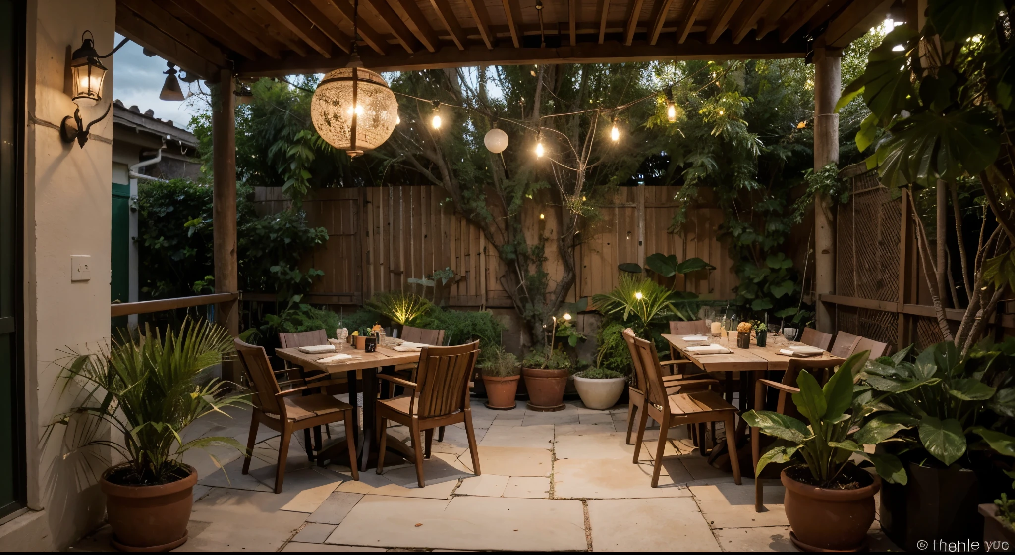 imagen vertical de UN restaurante tropical amplio, en El interior con muchas plantas,ladrillos rojos, y la paleta de colores usando un verde oscuro, luces y un poco cargado