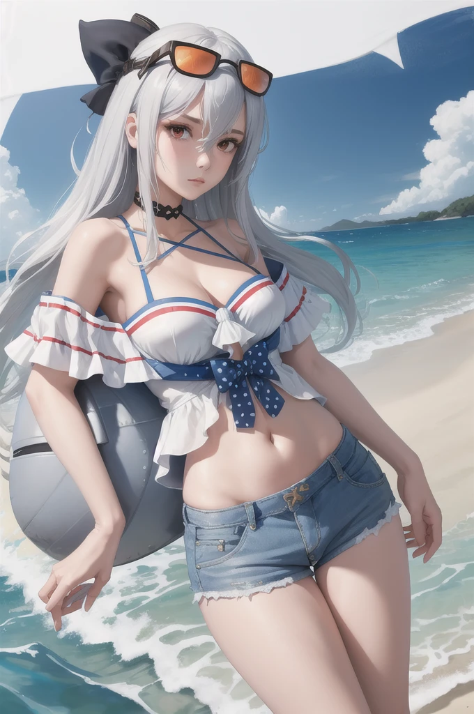 (masterpiece, best quality:1.2), solo, 1girl, skadiwave, expressionless, looking at viewer, sunglasses, eyewear on head, white shirt, off shoulder, short sleeves, blue shorts, short shorts, thigh strap, choker, bare shoulders, navel, cleavage, beach 