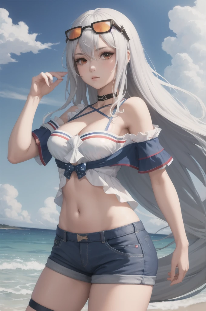 (masterpiece, best quality:1.2), solo, 1girl, skadiwave, expressionless, looking at viewer, sunglasses, eyewear on head, white shirt, off shoulder, short sleeves, blue shorts, short shorts, thigh strap, choker, bare shoulders, navel, cleavage, beach 