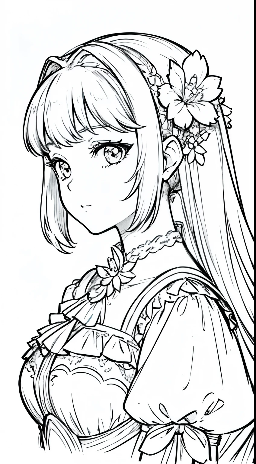 masterpiece, superlative, anime princess, solo, bust closeup, flower line drawing background, white background, monochrome, line drawing, ((sketch))