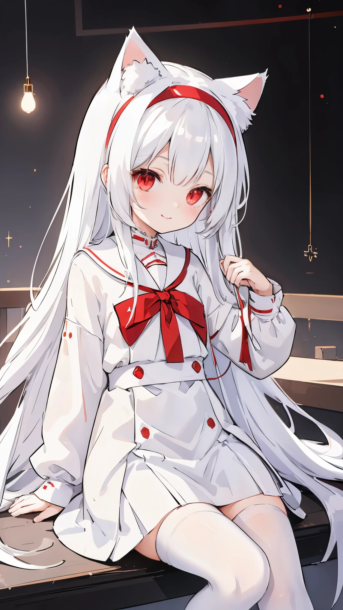 (((White stockings, White clothes)))，A girl,((Red eyes)),Cat ears,(two sides up:1.3),Bayunling,White hair,Long hair,head band,Solo,(Petite:1.2),(Loli),Cute,Detailed face,ssmile，delicate leg