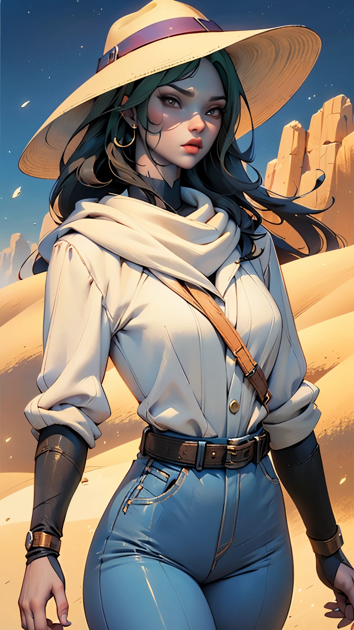 la mejor calidad posible, 8K Ultra Resolution, Stunning illustration, Lo mejor de todo, premiado, como ser el mejor, Cowboy hat Leather belt with buckle, armas en cada mano, Action pose Adds effect at the end., Chaqueta de jeans, scarf neck length, Gafas de sol, light Brown wide pants, ((rosado, Brown, verdes ,colores blancos: 1.5)), epic desert setting: 1.5, fotorrealista: 1.4, Textura de la piel: 1.4, super masterpiece, super detailed, hiper detallado, 32K