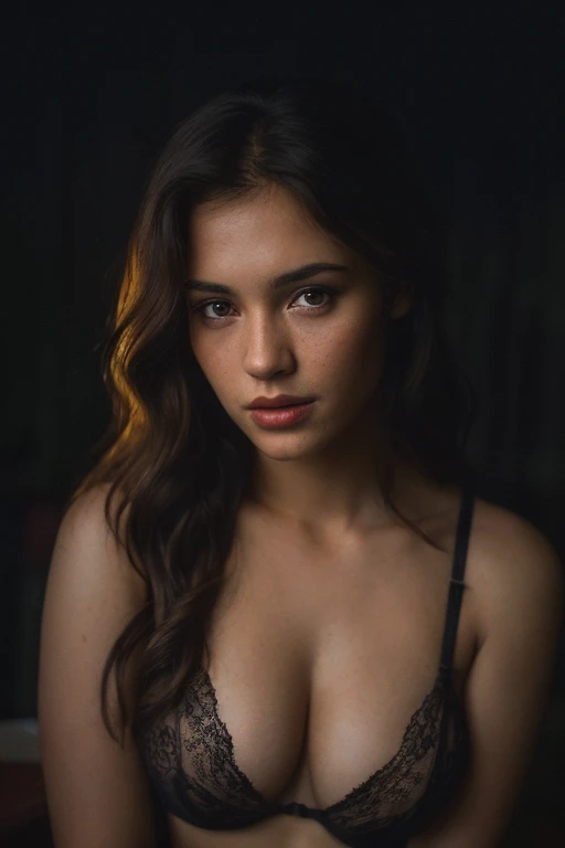 (half body, editorial photograph of a 25 year old woman), (highly detailed face:1.4) (smile:0.7) (background inside dark, moody, private study:1.3) POV, by lee jeffries, nikon d850, film stock photograph ,4 kodak portra 400 ,camera f1.6 lens ,rich colors ,hyper realistic ,lifelike texture, dramatic lighting , cinestill 800, lingerie, big breast