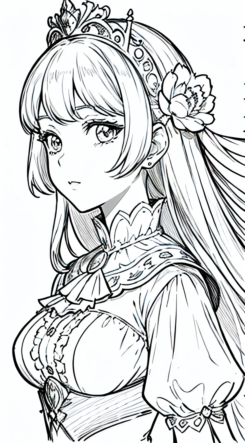 masterpiece, superlative, anime princess, solo, bust closeup, flower line drawing background, white background, monochrome, line drawing, ((sketch))