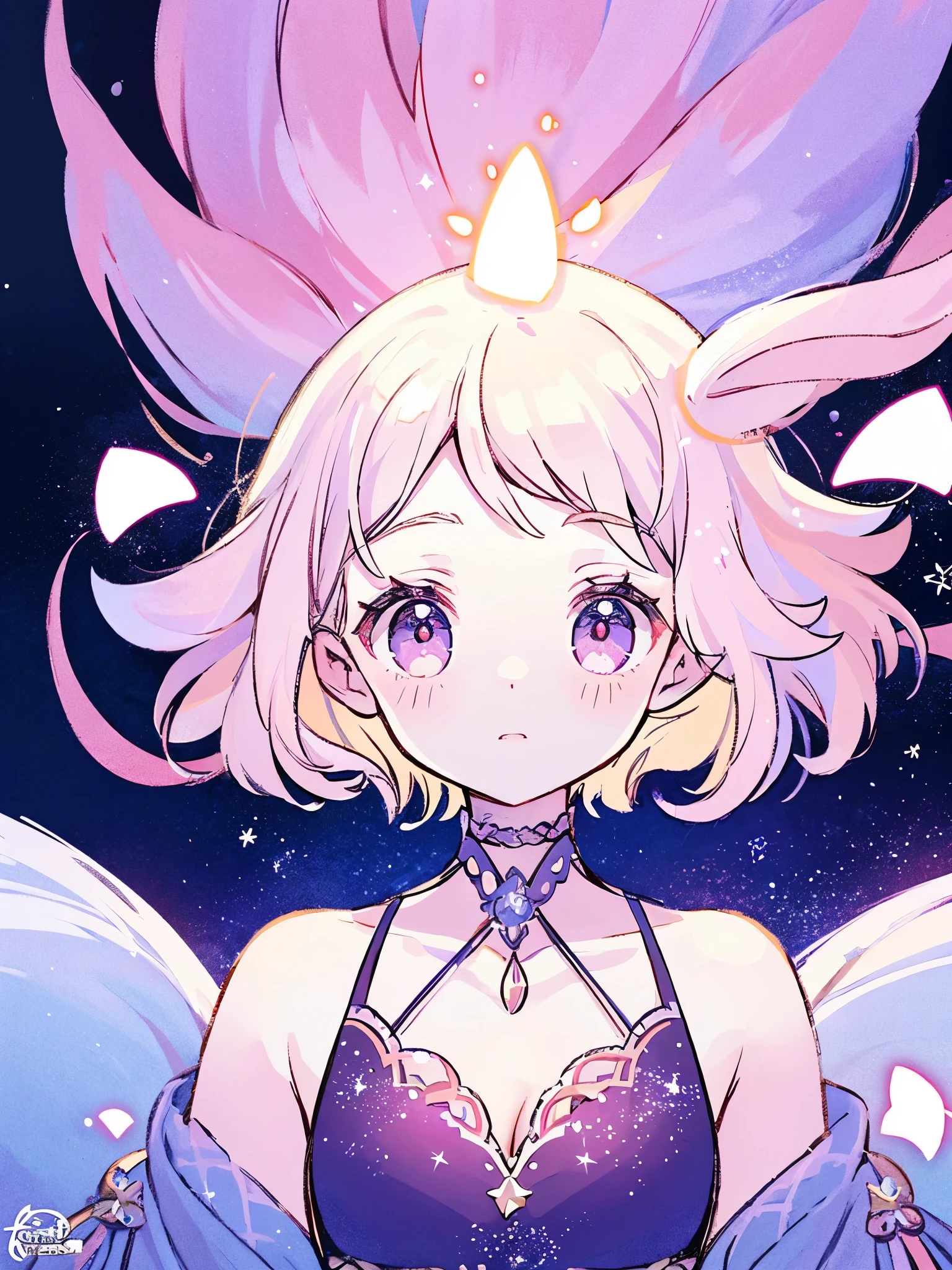 complex background, wishing star background, a woman wearing an ethereal mystical pink translucent dress that reflects the stars, perfume promo art, mystic, complex drawing, highly detailed, Covergirl brand, promo art, artistic rendition, ethereal, starry night, midjourney style
