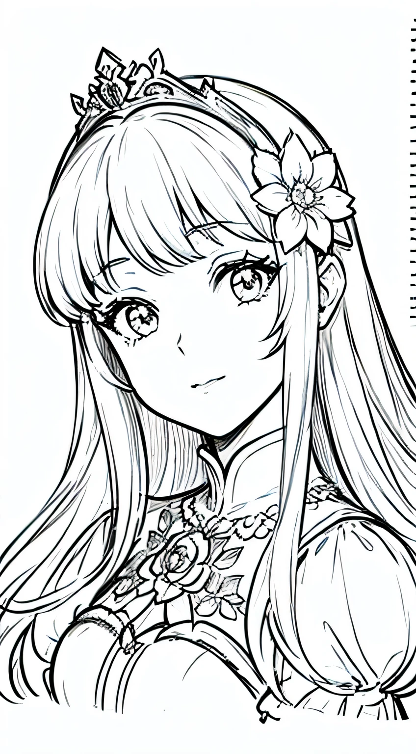 masterpiece, superlative, anime princess, solo, bust closeup, flower line drawing background, white background, monochrome, line drawing, ((sketch))