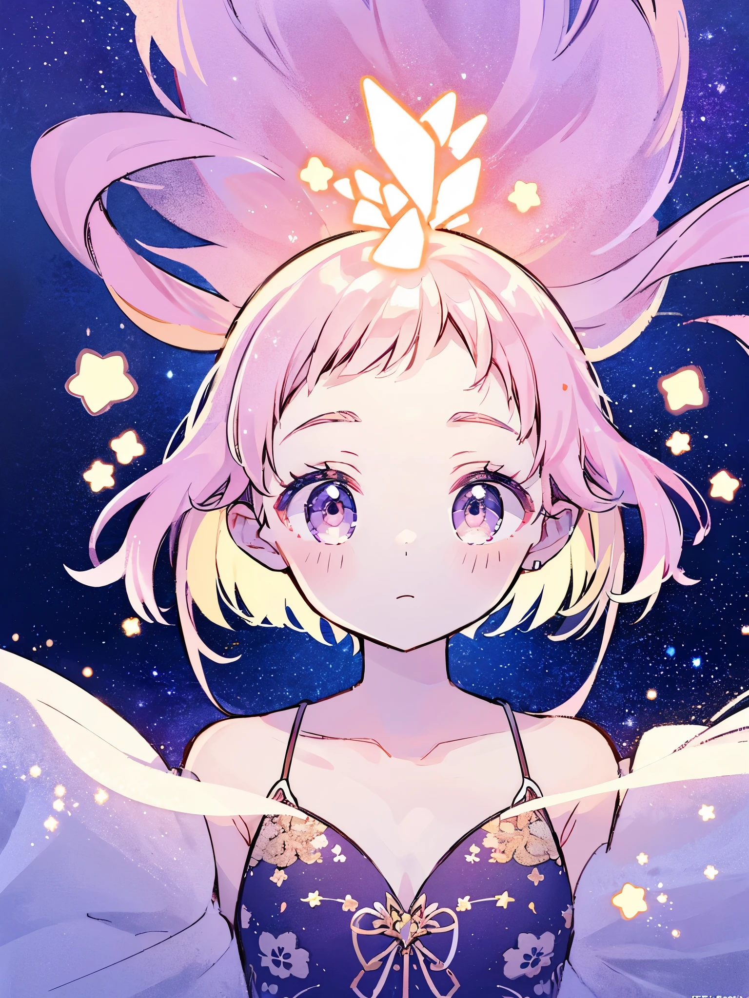complex background, wishing star background, a woman wearing an ethereal mystical pink translucent dress that reflects the stars, perfume promo art, mystic, complex drawing, highly detailed, Covergirl brand, promo art, artistic rendition, ethereal, starry night, midjourney style