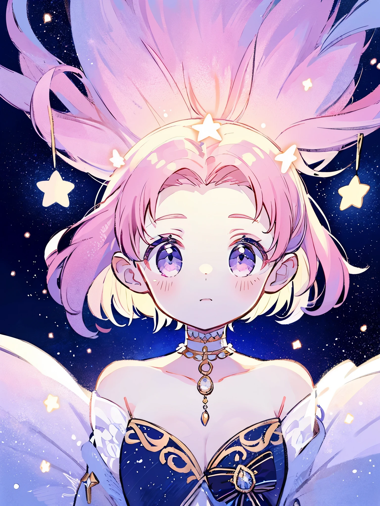 complex background, wishing star background, a woman wearing an ethereal mystical pink translucent dress that reflects the stars, perfume promo art, mystic, complex drawing, highly detailed, Covergirl brand, promo art, artistic rendition, ethereal, starry night, midjourney style