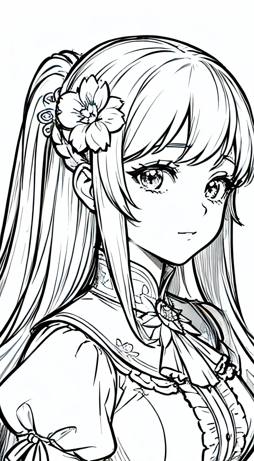 masterpiece, superlative, anime princess, solo, bust closeup, flower line drawing background, white background, monochrome, line drawing, ((sketch))