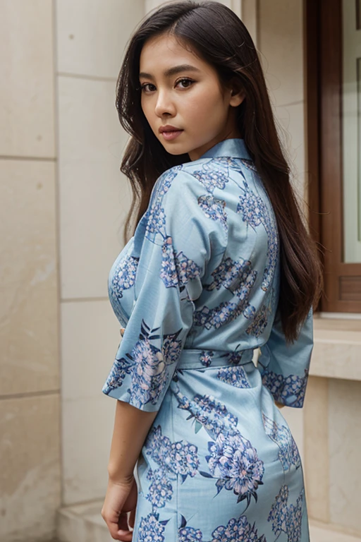 masterpiece, hyperrealistic, close up view, side view, a beautiful Indonesian girl, perfect face, curvy body, Korean floral patterned midi dress,