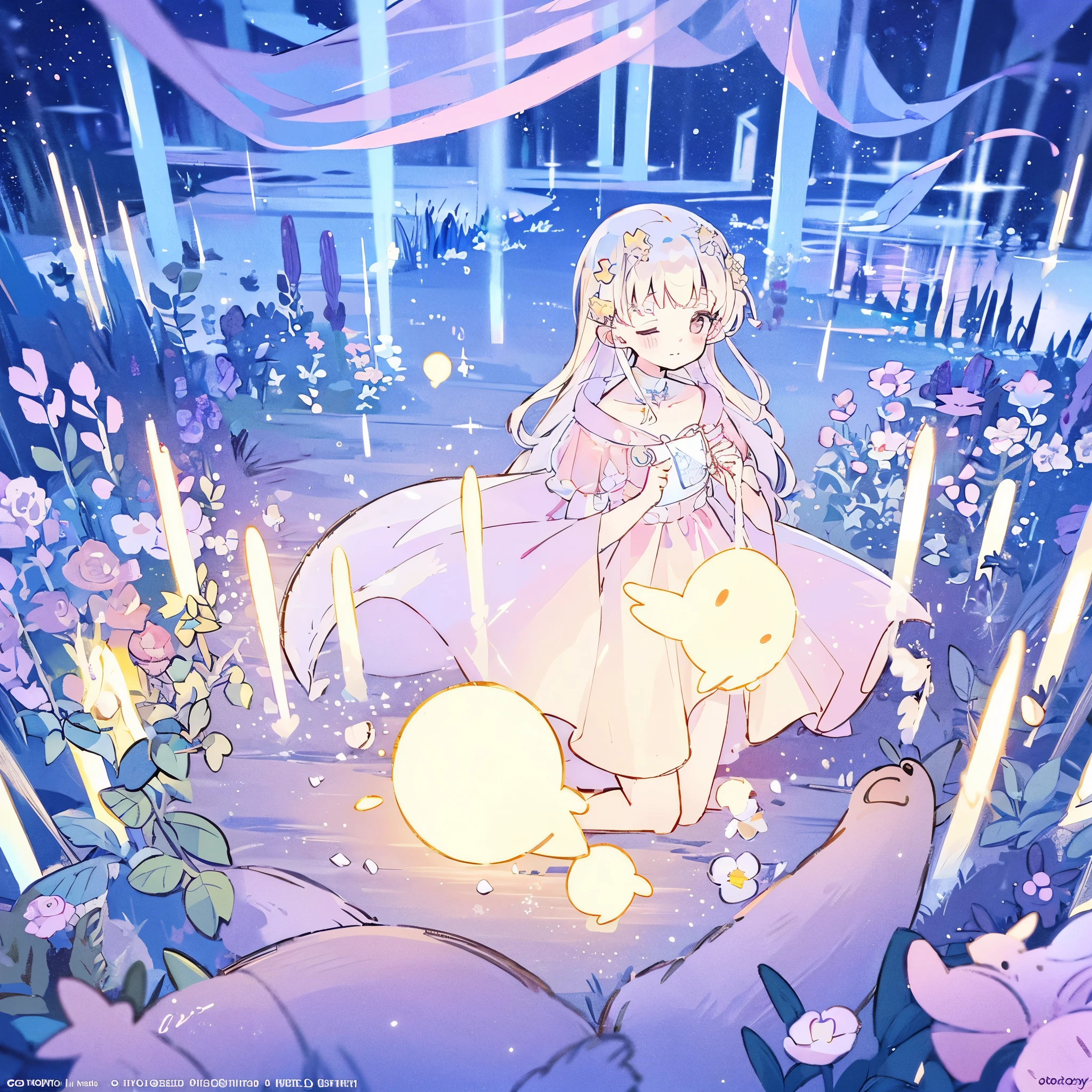 complex background, wishing star background, a woman wearing an ethereal mystical pink translucent dress that reflects the stars, perfume promo art, mystic, complex drawing, highly detailed, Covergirl brand, promo art, artistic rendition, ethereal, starry night, midjourney style, flowers, plants, magical star garden