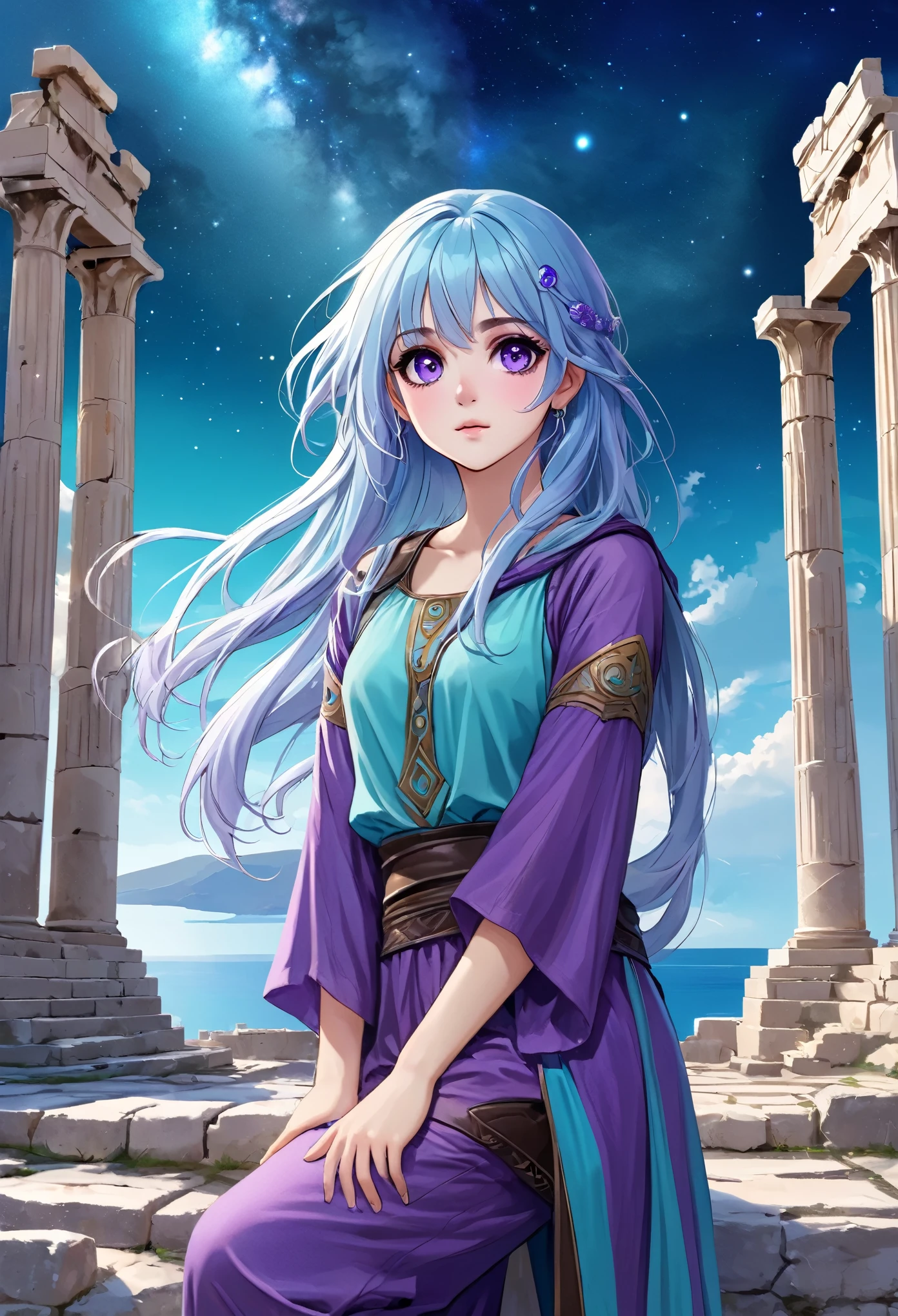 Masterpiece. High-resolution. 1girl about 20 years old. Pretty beautiful girl. Pretty big purple eyes. Delicate face. Beautiful face. (((Long light blue hair))). Straight hair. Messy hair. Hair bangs. Turquoise tunic. Purple tide pants. Leather boots. Greek ruins background with cosmic Sky.