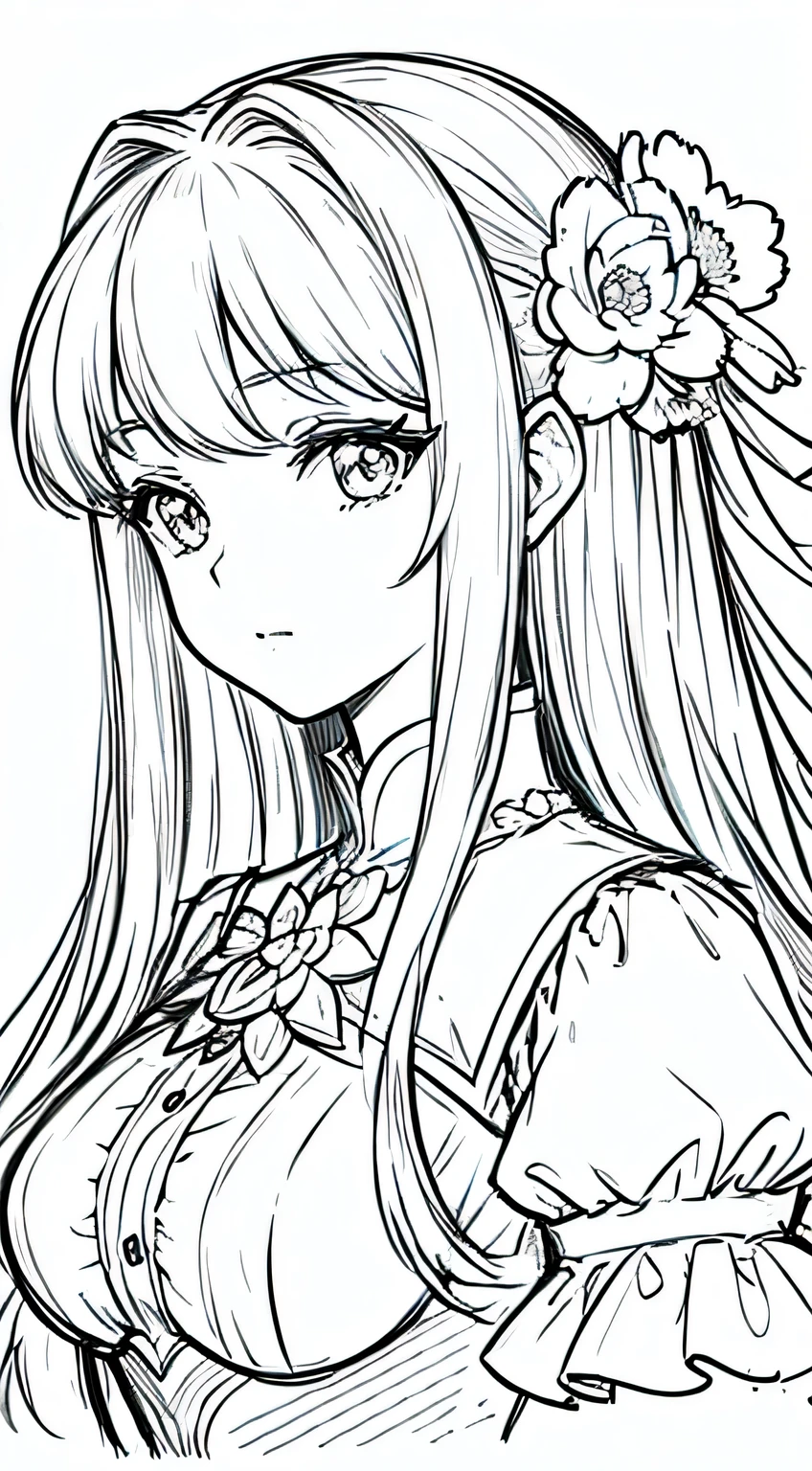 masterpiece, superlative, anime princess, solo, bust closeup, flower line drawing background, white background, monochrome, line drawing, ((sketch))