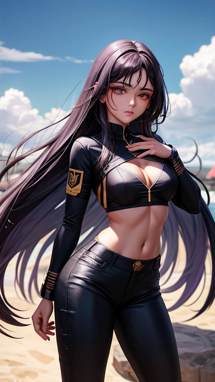 bela mulher olhando para a frente, pele branca, cabelo preto com detalhes roxo escuro, corpo inteiro, combat uniform with pants, olhos violeta claro, obra de arte estilo anime, ultra hd, melhor qualidade, closed lips, serene expression