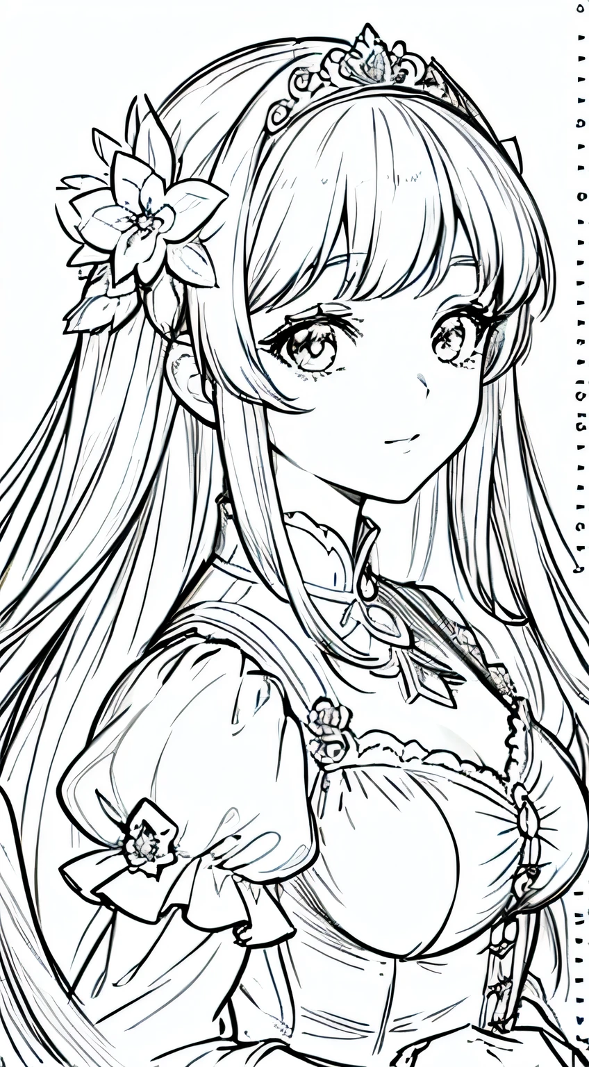 masterpiece, superlative, anime princess, solo, bust closeup, flower line drawing background, white background, monochrome, line drawing, ((sketch))