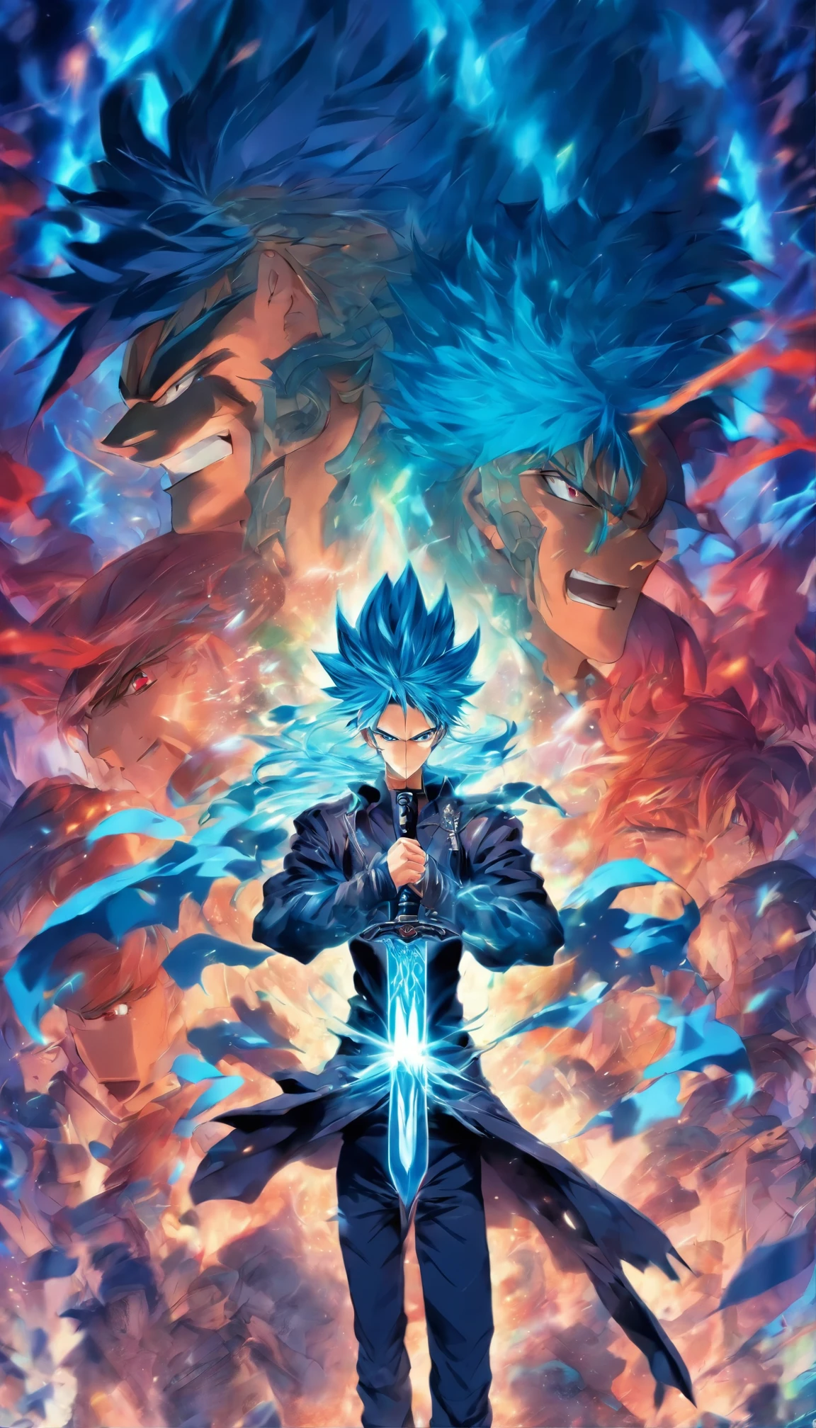 man ,20 years, holding dagger,high quality,jacket,bluee hair