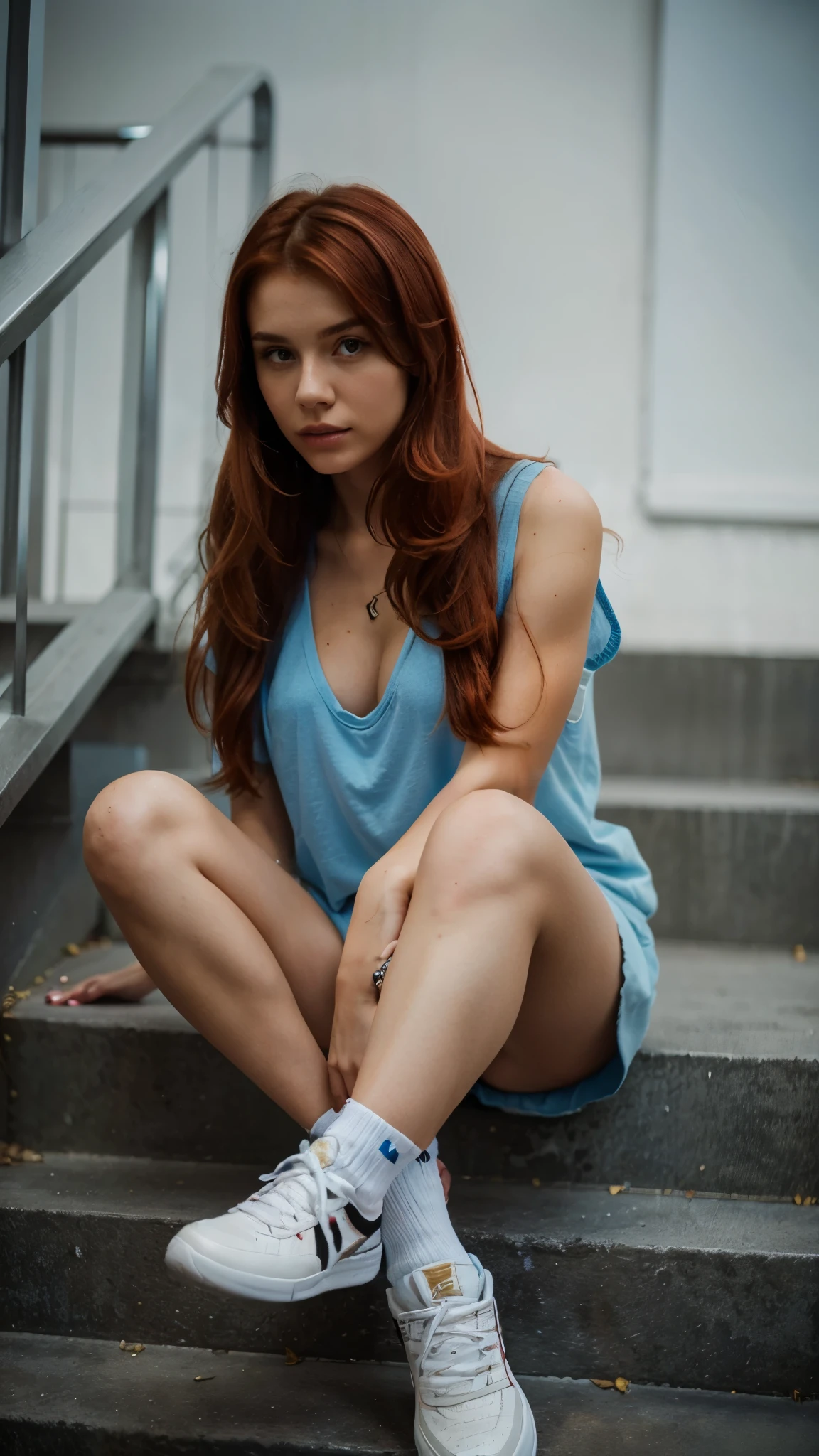 A red-haired girl, 25 years old, sitting on a staircase, holding a champagne glass, Russia. (highres:1.2), realistic, (portrait:1.1), (photography:1.1), (streetwear:1.1), (blue saturated, vibrant colors)