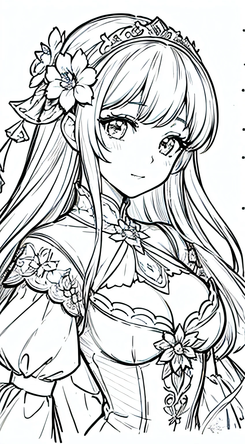 masterpiece, superlative, anime princess, solo, bust closeup, flower line drawing background, white background, monochrome, line drawing, ((sketch))