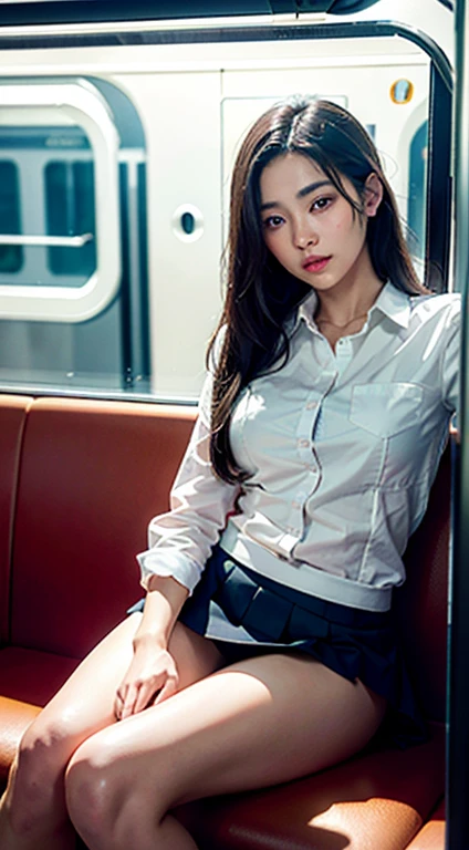 "(masterpiece, High resolution, Ultra High resolution, 4K) Black Hair, 14 year old Japanese girl, Uniform skirt, Accentuate your thighs, White thighs, Soft thighs, Shiny thighs, Sitting on a train, Facing angle, (Angle from below),sitting in a train seat,Sit in front,Zoom camera on crotch,Put your feet on the floor of the train,whole body,Looking down and sleepy,Watch only viewers", highest quality, 超High resolution, (Realistic:1.4),, High resolution, detailed, RAW Photos, sharp, Nikon D850 film stock photo by Lee Jefferies 4 Kodak Portra 400 camera F1.6 Lenses、Rich colors、Ultra-realistic and lifelike textures、Dramatic lighting、Unreal Engine、Art Station Trends、Cinestar 800,