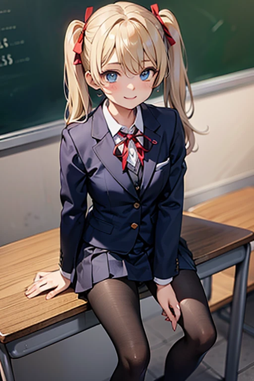 ((highest quality)), ((masterpiece)), (detailed), Anime 2D Rendering, Realistic young anime woman, Perfect Face, high school student、Beautiful girl、Slanted Eyes、blue eyes、Blonde、Twin tails with red ribbon、smile、Outstanding style、nice buddy、glamorous、blazer 、Black Pantyhose、loafers、classroom、sitting on desk、Holding one leg next to face、A view from a little above、The whole body is visible