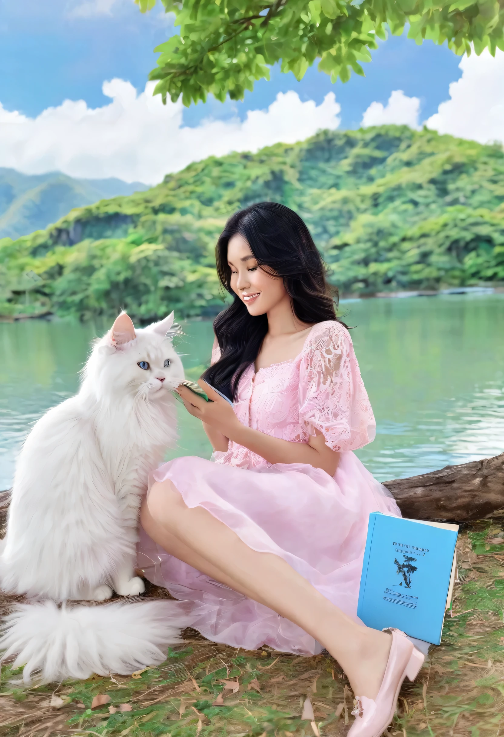 300dpi photo of a beautiful Indonesian woman with a round face, long black tassel hair, wearing a pink dress, matching shoes, sitting under a big tree, while reading a book accompanied by a large Angora cat, background of a flowing blue river, mountains and white clouds, full HD photos with clear contrast without defects, all over the body