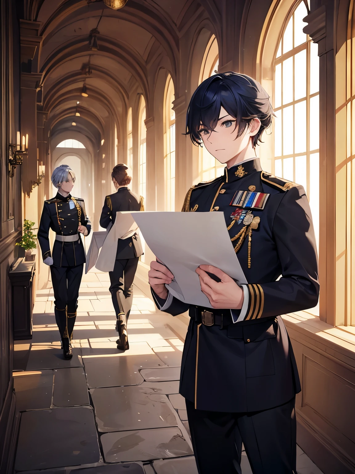 (highest resolution, distinct_image) The best quality, a man, masterpiece, highly detailed, semi realistic, black short haired man, 18 years old, young, tall and strong, black uniform, military uniform, military academy, serious, high cold, meeting, meeting, conference table