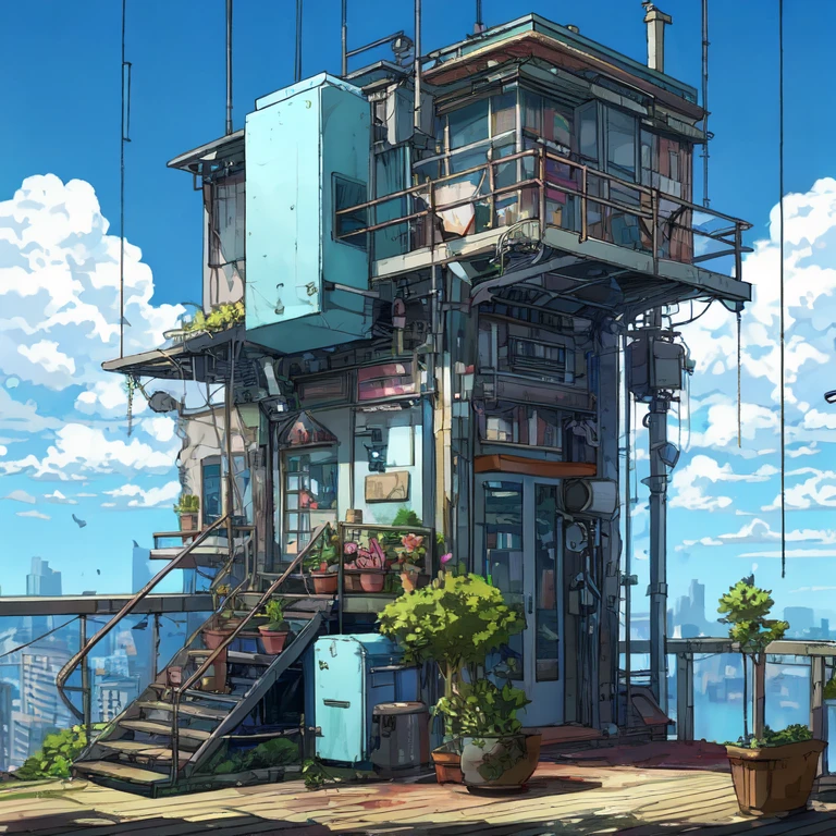 Anime style illustration of a building with stairs and a balcony, Anime-style streetscape, ( ( 180 degree angle shot ) ), City Concept Art, Anime Concept HDR Anime McManus, detailed digital concept art, By Senior Environmental Artist, Digital Cyberpunk Anime Art, Anime scenery concept art, very Very detailed, HD anime cityscape, Low level of detail. Digital Painting, Very detailed, Incredibly detailed
