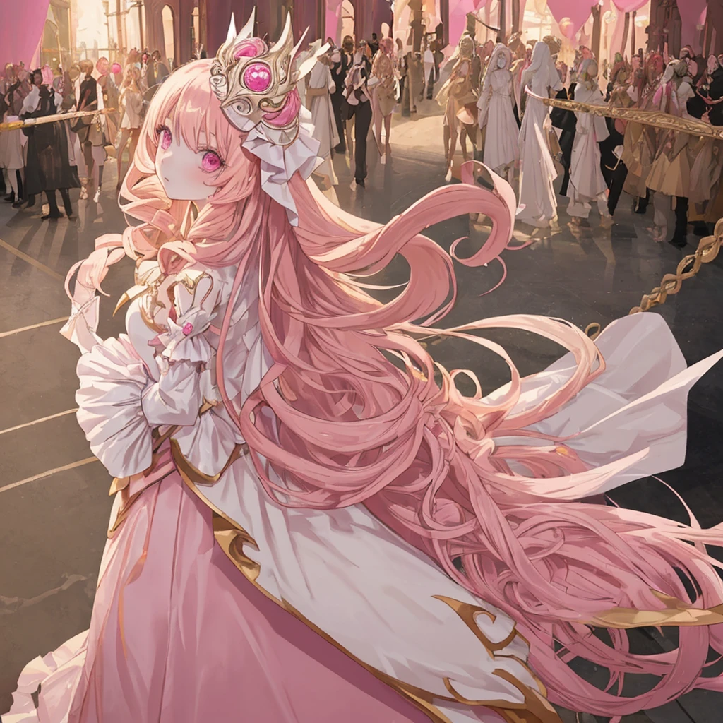 1 woman, long curly blonde hair, pink eyes, pale pink, Venitian masked ball dress, princess, best quality masterpiece