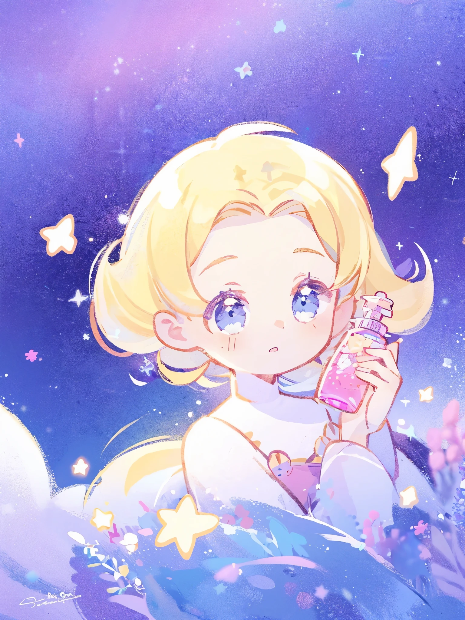 complex background, wishing star background, a woman wearing an ethereal mystical pink translucent dress that reflects the stars, perfume promo art, mystic, complex drawing, highly detailed, Covergirl brand, promo art, artistic rendition, ethereal, starry night, midjourney style, beautiful face, golden ratio