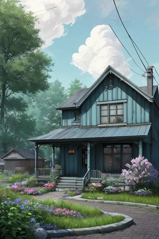 very cozy little place, Hyperrealism, (anime Makoto Shinkai:0.4), old shabby house in city swoodt, Home Wiring, Outdoor, null, cloud, Day, scenery, wood, blue null, building, sign, wire, handrail, Wide Shot, Electric pole, town, wilderness, Flowers, There are a lot of cooking utensils scattered around