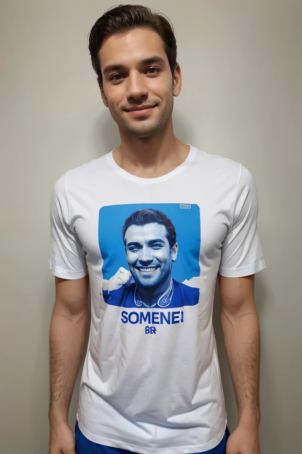 crie um rosto de um homem, branco, olhos castanhos, sorrindo vestido com uma camisa social azul, that demonstrates credibility