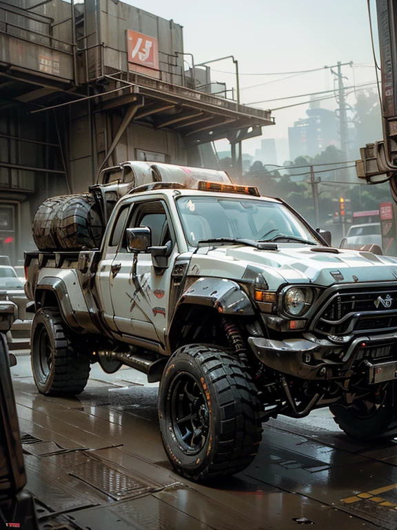 ((masterpiece、highest quality、Realistic、Ultra-detailed、High resolution、Photorealistic、Sharp focus、Like the picture、Raw photo、Cinematic lighting))、High brightness、Noon Wilderness、((Futuristic Cyberpunk Pickup Truck))、equipped with a drum、High vehicle height、(With glowing tires)、Red rust-colored car body、3/4 Front view