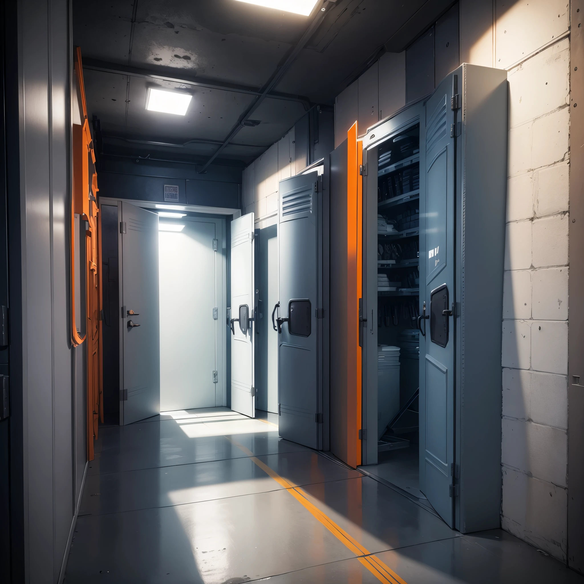 the call of duty armory is a dark room with white lights and not windows, there are weapon cases, military boxes in blue color, military boxes in orange color, no people, smoke,