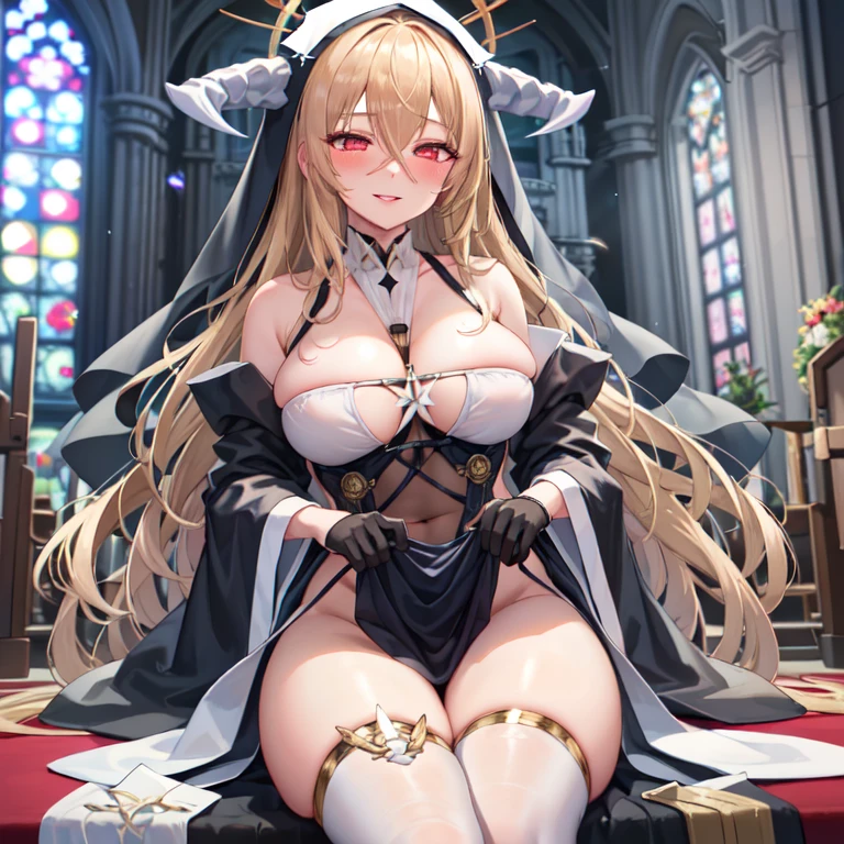 1 girl, Solitary, unyielding \(Blue Lane\), sitting, veil, nun, fake horns, Clothes lift, Black, between breasts, Hair between the eyes, Halo, Wide sleeves, Looking at the audience, Black gloves, , White, Smile, blush, Half closed eyes,Open your lips, (church)