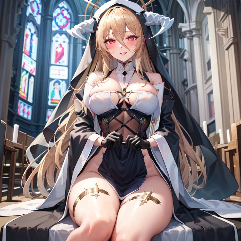 1 girl, Solitary, unyielding \(Blue Lane\), sitting, veil, nun, fake horns, Clothes lift, Black, between breasts, Hair between the eyes, Halo, Wide sleeves, Looking at the audience, Black gloves, , White, Smile, blush, Half closed eyes,Open your lips, (church)