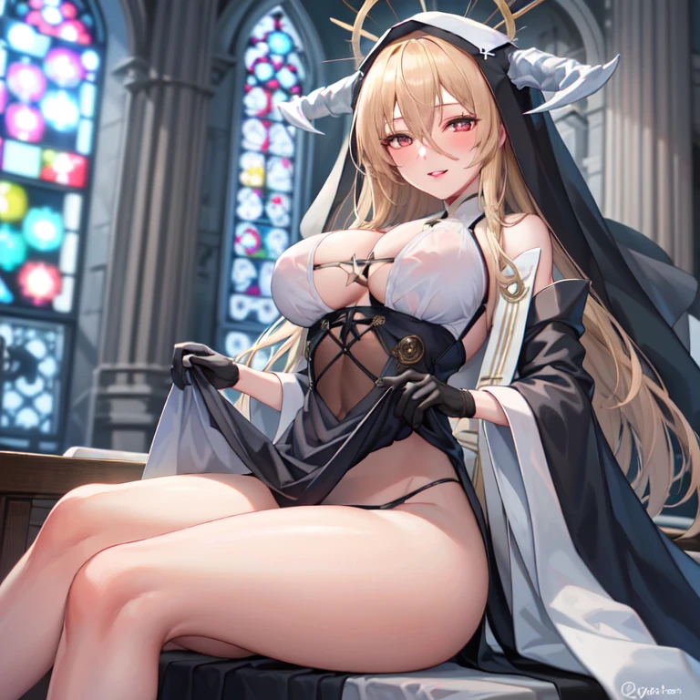 1 girl, Solitary, unyielding \(Blue Lane\), sitting, veil, nun, fake horns, Clothes lift, Black, between breasts, Hair between the eyes, Halo, Wide sleeves, Looking at the audience, Black gloves, , White, Smile, blush, Half closed eyes,Open your lips, (church)