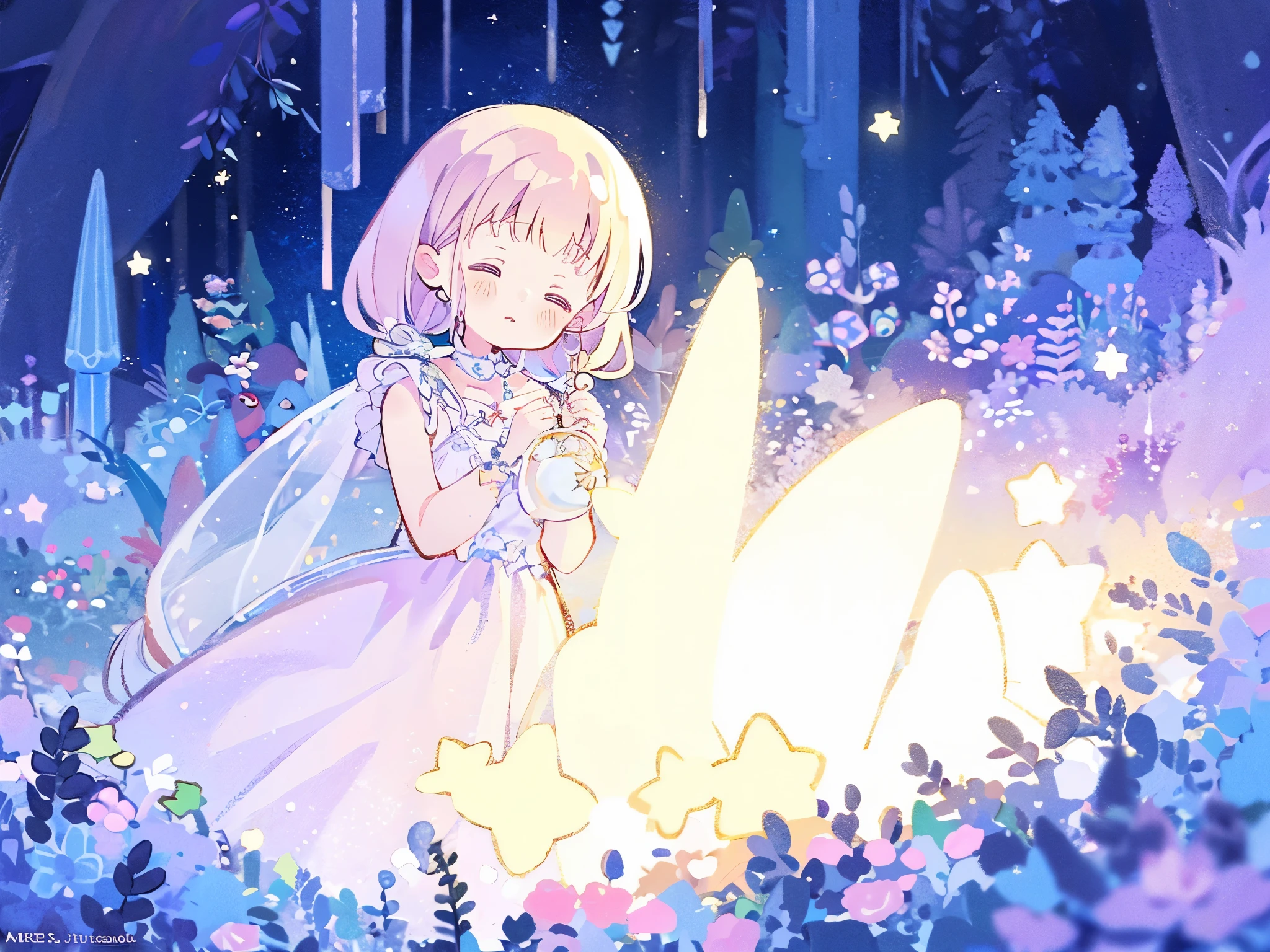 complex background, wishing star background, a woman wearing an ethereal mystical pink translucent dress that reflects the stars, perfume promo art, mystic, complex drawing, highly detailed, Covergirl brand, promo art, artistic rendition, ethereal, starry night, midjourney style, flowers, plants, magical star garden