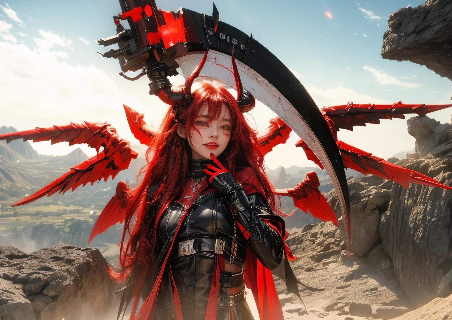 Solo, demon queen, elegant red glowing pupils, twin tail hair,red hair, red devil horns, huge metal scythe, scythe, huge scythe, red metal wings, red cape, long torn red cape, dark chaser armor, sexy metal armor, dark armor, hyper details, beautiful face, detailed tattoos in her face, welc, hyper quality, 8k, color dynamic lighting, a demon queen who little smile at your face, demon queen in the edge of valley, 1girl, red pupils, red devil horns, solo, black gloves, 