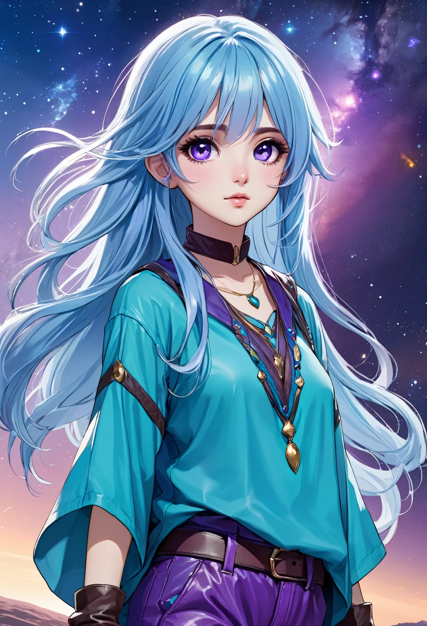 Masterpiece. High-resolution. 1girl about 20 years old. Pretty beautiful girl. Pretty big purple eyes. Delicate face. Beautiful face. (((Long light blue hair))). Straight hair. Messy hair. Hair bangs. Turquoise tunic. Purple tide pants. Leather boots. Himalaias background with cosmic Sky.