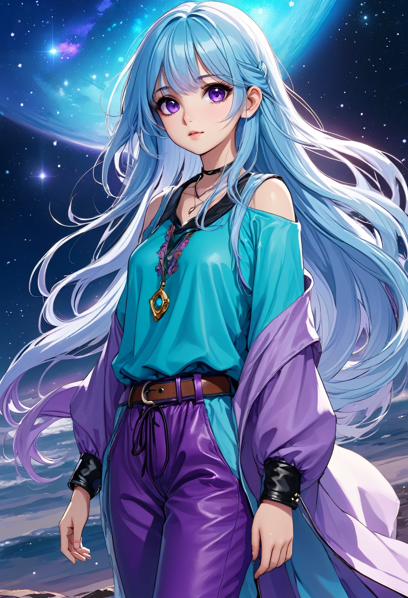 Masterpiece. High-resolution. 1girl about 20 years old. Pretty beautiful girl. Pretty big purple eyes. Delicate face. Beautiful face. (((Long light blue hair))). Straight hair. Messy hair. Hair bangs. Turquoise tunic. Purple tide pants. Leather boots. Himalaias background with cosmic Sky.