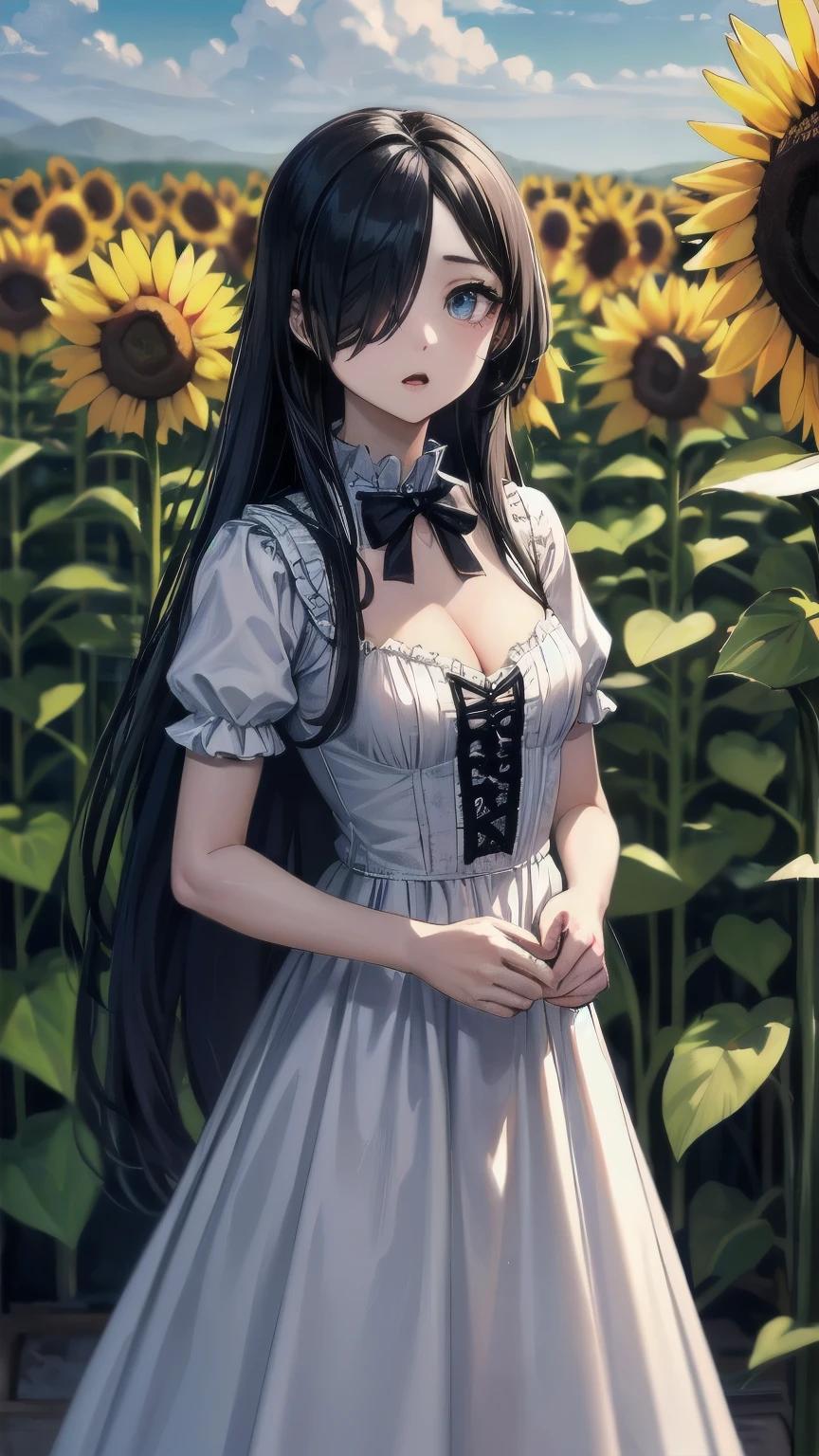 (masterpiece), best quality, expressive eyes, perfect face, lolita fashion, gothic lolita, mature female, medium breasts, Cleavage, long hair, (hair over one eye), very long hair, straight hair, black hair BREAK yellow eye BREAK white sundress BREAK standing, sunflower garden, cloudy sky, day time, :o, looking away
