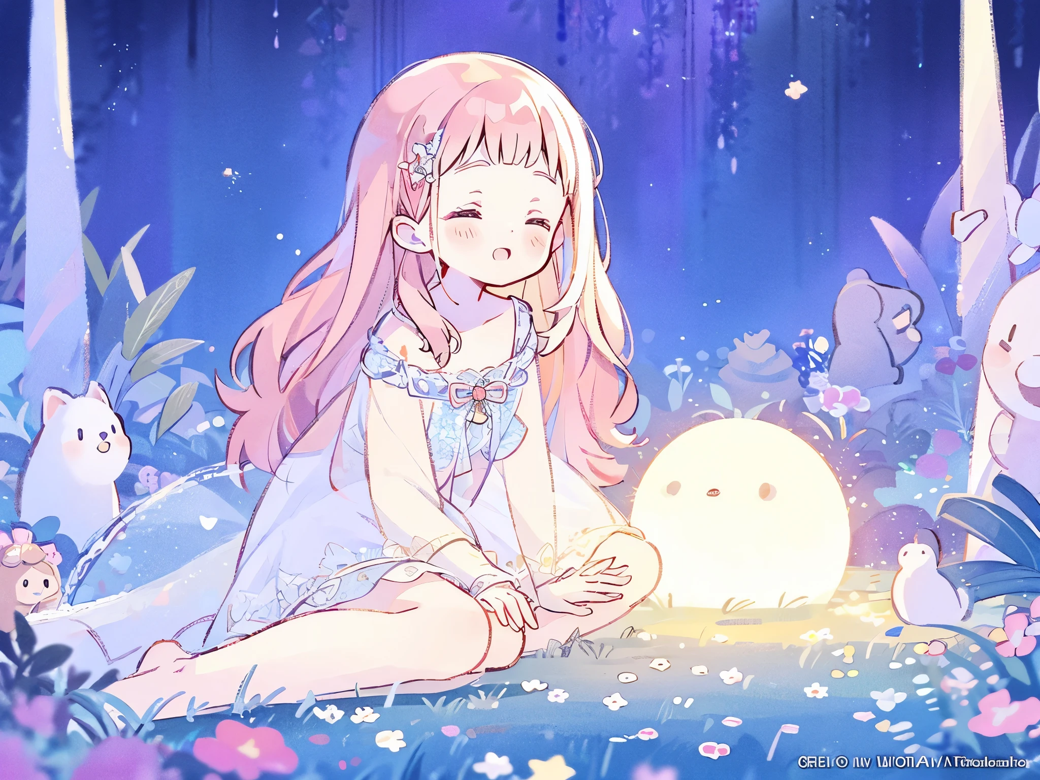 complex background, wishing star background, a woman wearing an ethereal mystical pink translucent dress that reflects the stars, perfume promo art, mystic, complex drawing, highly detailed, Covergirl brand, promo art, artistic rendition, ethereal, starry night, midjourney style, flowers, plants, magical star garden