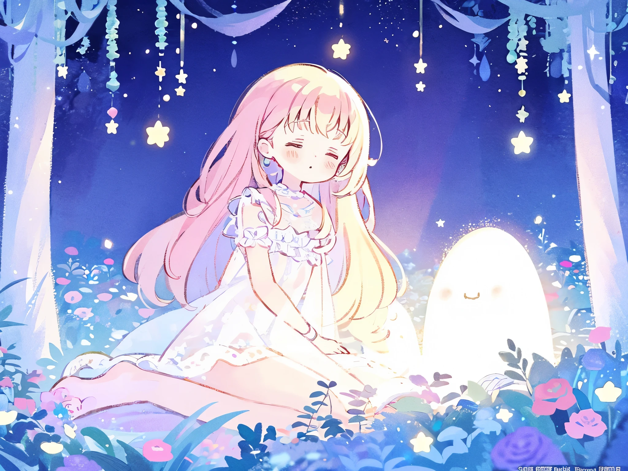 complex background, wishing star background, a woman wearing an ethereal mystical pink translucent dress that reflects the stars, perfume promo art, mystic, complex drawing, highly detailed, Covergirl brand, promo art, artistic rendition, ethereal, starry night, midjourney style, flowers, plants, magical star garden