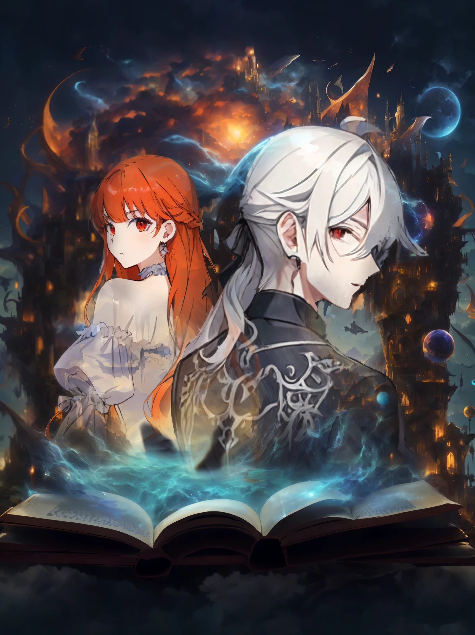 anime characters stand in front of a book with a glowing background, ((Red eyes)), White haired man, fantasy anime, anime fantasy illustration, key art, artbook, epic light novel cover, epic Light novel cover, Anime fantasy, fantasy book illustration, Light novel cover, Cover of the novel Litrpg, shadow universe style, Illustration of a book about fantasy role-playing games, unearthly anime, beautiful Anime fantasy