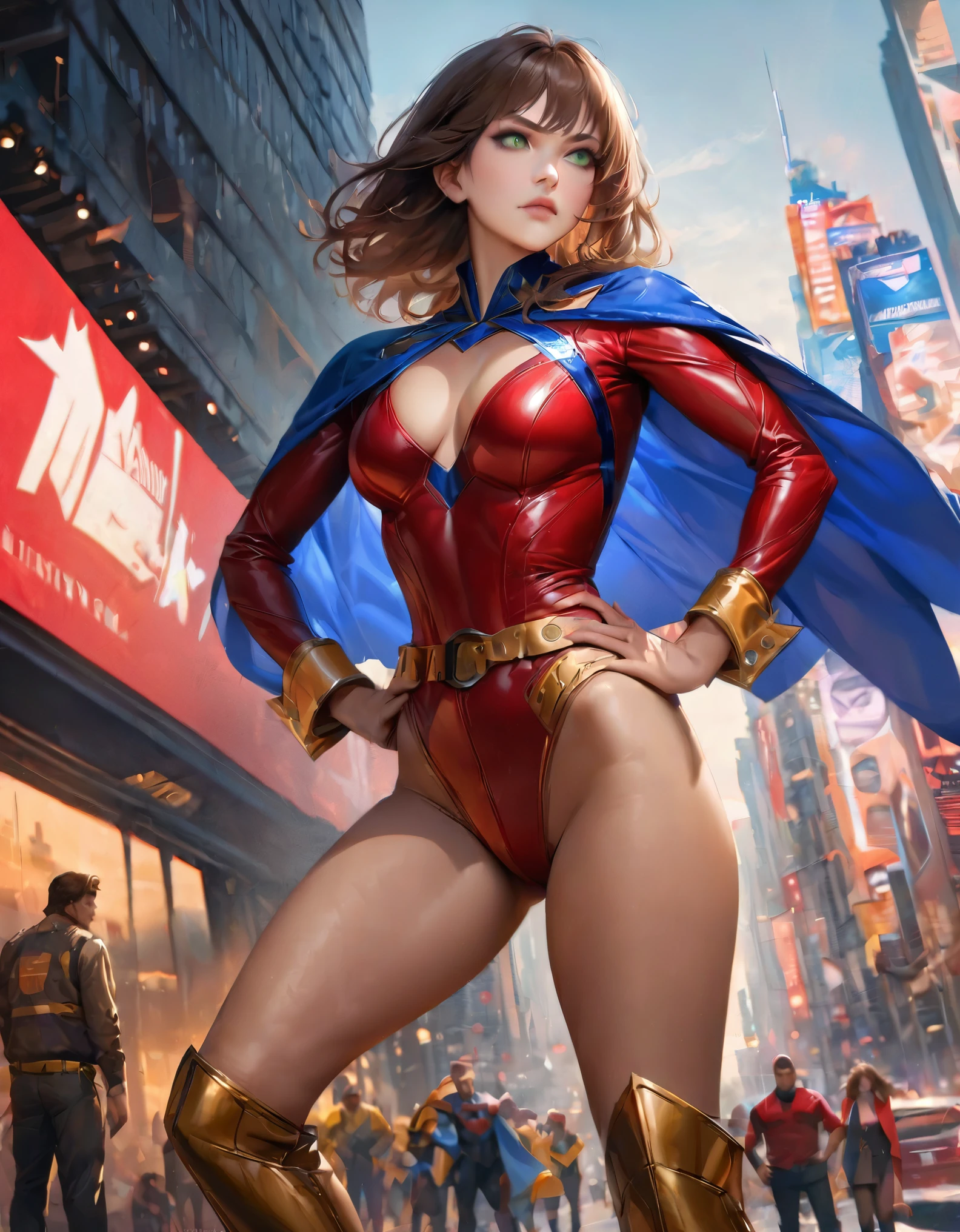 ((best quality)), ((masterpiece)), ((ultra realistic)), (dynamic heroic pose), solo, solo focus, american, beautiful detailed face, detailed eyes, sexy superhero, ((dressed in a red leotard with blue accents)), new york city backdrop, highly detailed, professional, bare legs, full body), hands on hip, standing, ((brown hair, medium hair)), green eyes, matching boots, yellow boots, ((long sleeves, yellow cuffs)), yellow hawk-shaped crest engraved on chest, ((blue cape)), cowboy shot, cowboy shot, ((tight belt, gold belt)), (perfect hands, complete fingers, perfect anatomy, perfect proportions), full body with costume.