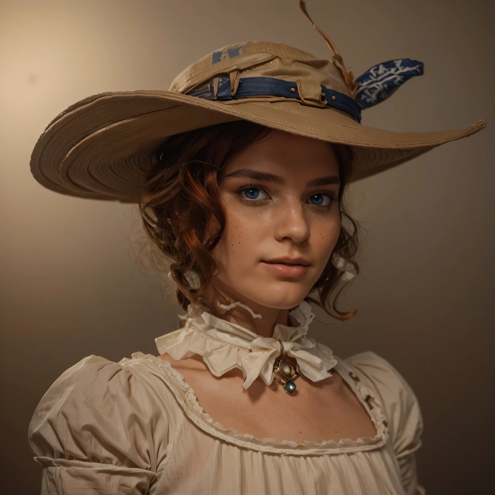 the most beautiful woman, face of a young Swedish woman, dark skin with freckles, natural red hair, well-combed hair in curls, blue eyes, wears a beige 19th century formal dress, a fabric necklace, a hunting hat with a pen and quotation marks, it is in a 19th century seaport, Ultra detailed, hyper realistic, 4k, Ultra detailed image, realistic, Highly detailed, perfect composition, splendid, Intricately detailed, Incredibly detailed, 8 k artistic photography, hyper detailed, Masterpiece , Ultra detailed, hyper realistic, 4k, Ultra detailed image, realistic, Highly detailed, perfect composition, splendid, Intricately detailed, Incredibly detailed, 8K fine art photography, hyper detailed, Masterpiece