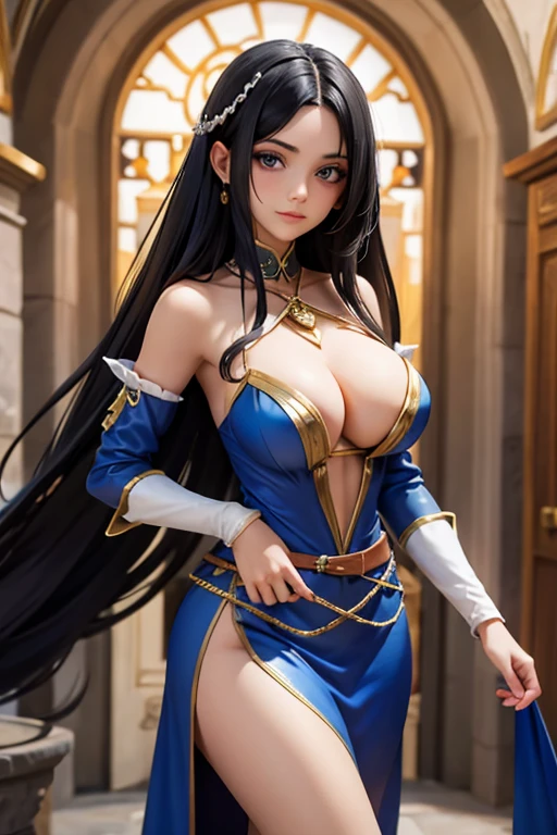 Fantasy sorceress Italian girl 25 years old, very long black hair, dressed as a medieval fantasy sorceress